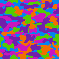 Fototapeta na wymiar Camouflage seamless pattern in a violet, orange, blue, green and deep blue colors.