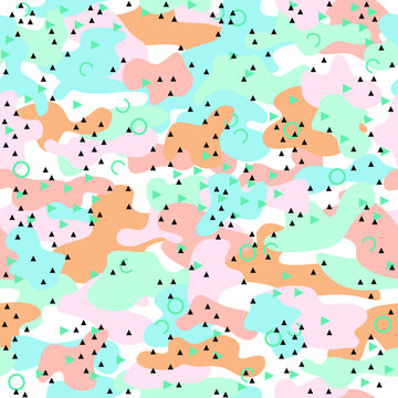 Memphis camouflage seamless pattern in a brown, white, green and pink colors.