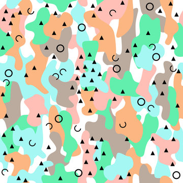 Memphis camouflage seamless pattern in a brown, white, grey, green and pink colors.