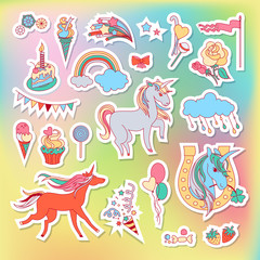 Unicorn multicolor stickers with rainbow, unicorn, cloud, cake, sweets, ice-cream and flag