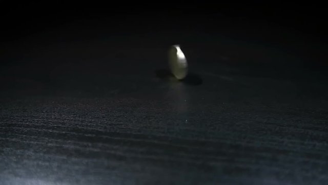 The coin is turned over. The coin rota tes close to the camera, slows and falls. Slow motion.