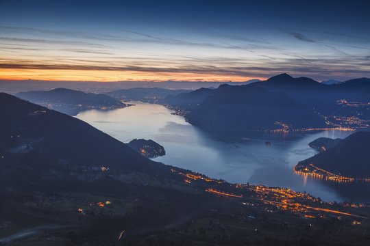 Iseo lake, Lombardy, Italy. A view of Iseo lake at evening from Rodondone mountain, near Santa Maria of Giogo's sanctuary