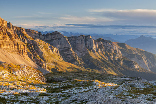 Grost&Atilde;&uml; pass, Adamello Brenta natural parkdi Brenta, Trentino Alto Adige, Italy. A view of Brenta dolomites from Grost&Atilde;&uml; pass