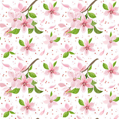 Seamless pattern with a flowering branch of a Japanese cherry, flying petals, wind.