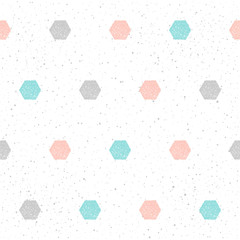 Doodle hexagon seamless background. Abstract childish blue, grey, pink hexagon