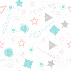 Doodle seamless background. Abstract childish blue, grey and pink shapes