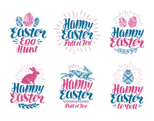 Happy Easter, label set. Handwritten lettering vector illustration