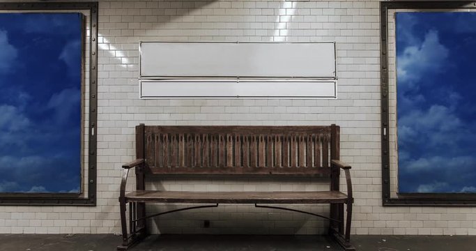 subway station with old bench and sky moving boards. Looping. Cinemagraphic.