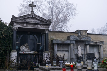 Cemetery during misty morning. Slovakia
