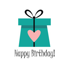 Happy Birthday postcard with present, bow and heart