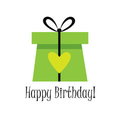 Happy Birthday postcard with present, bow and heart