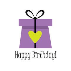 Happy Birthday postcard with present, bow and heart