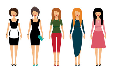 Woman dresscode vector illustration. Beautiful women in different outfits icons on white background