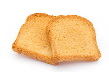 Slices of toast bread on wooden table, top view.