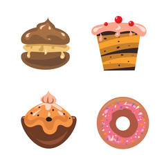 Cake set. Four sweet cakes on the white background