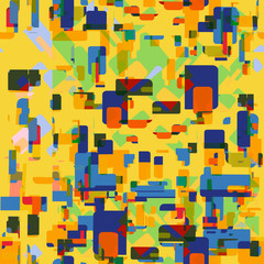 Abstract geometric vector pattern blocks. Seamless beautiful squares of blue, green color, orange color on a yellow background. Abstract geometric pattern in the style of Gustav Klimt