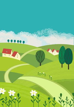 Country landscape. Freehand drawn cartoon outdoors style. Farm houses, winding road on meadows, green fields. Rural community. Sunny day, blue sky, hills. Vector village countryside scene background