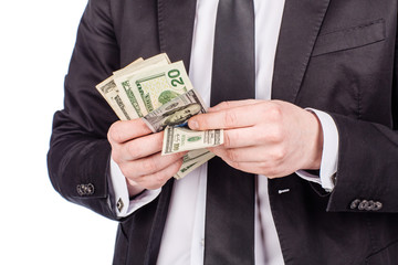 man holding a money isolated on white background