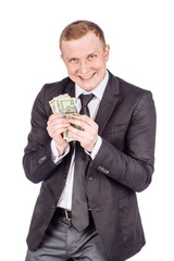 man holding a money isolated on white background