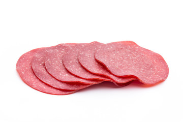 Salami smoked sausage one slice isolated on white background cutout.