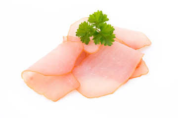 Sliced ham isolated on white background, top view.