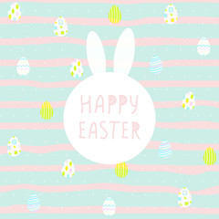 Obraz na płótnie Canvas Happy Easter cute poster With eggs, rabbit on a stripe background. Vector illustration. Wallpaper, flyers, brochure,voucher.