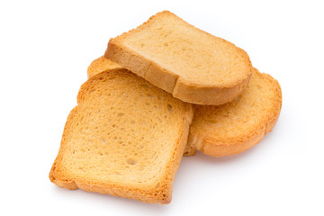 Slices of toast bread on wooden table, top view.