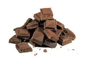 Closed Up Pile of Dark Chocolate Chunks Isolated on White Background 
