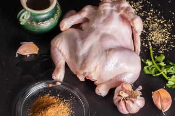 Carcass of crude chicken and spice against a dark background