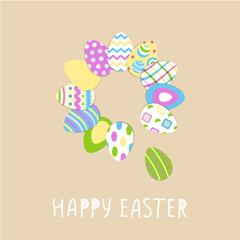 Happy Easter cute poster With eggs. Vector illustration. Wallpaper, flyers, brochure,voucher.
