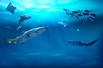 Ocean underwater with marine animals. 3D illustration