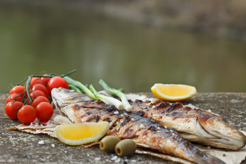 Grilled fish served on a paper with tomato,m onion and olives and decorated with rosemary and lemon