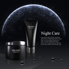 Cream mask and skin toner bottles isolated on the black background with pearls. 3D Realistic vector illustration