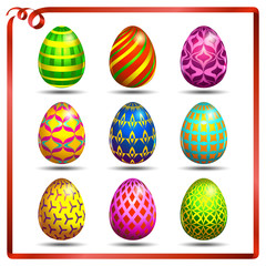 Multi colored easter eggs on a white background with a red ribbon_1