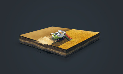 3d illustration of a soil slice, combine wheat harvesting on wheat field isolated on dark background - 141789994