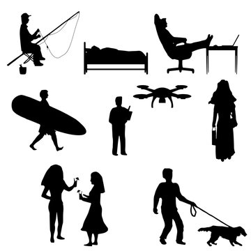 Silhouettes depicting active and passive recreation of people. Black and white, Isolated.