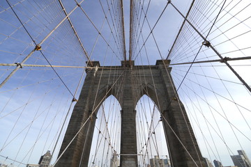 Perfectly geometric view of Brooklyn Bridge in NYC with overview on Manhattan skyline