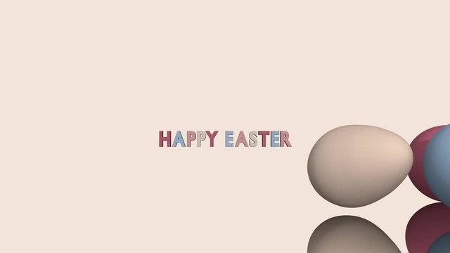 Pastellefarbende 3d Ostereier mit "Happy Easter" Text  auf spiegelnder Fläche