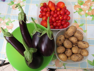 Eggplant, potatoes and tomatoes