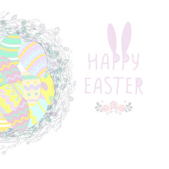 Cute Easter eggs in a wicker nest, greeting card on a white background. willow. Wallpaper, flyers, web design, brochure,voucher. Vector illustration