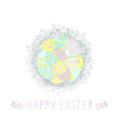 Cute Easter eggs in a wicker nest, greeting card on a white background. willow. Wallpaper, flyers, web design, brochure,voucher. Vector illustration