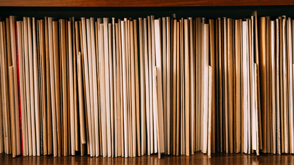 Vintage Keeping Retro Records On Wooden Shelves, Old Retro Business Background.