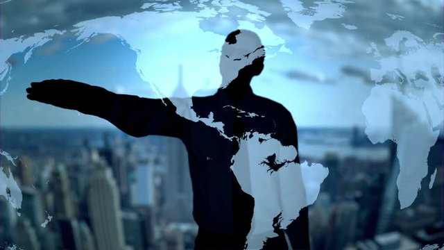 Businessman silhouette using holographic earth map interface technology - Loop