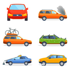 Naklejka premium Car crash collision traffic insurance safety automobile emergency disaster and emergency disaster speed repair transport vector illustration.