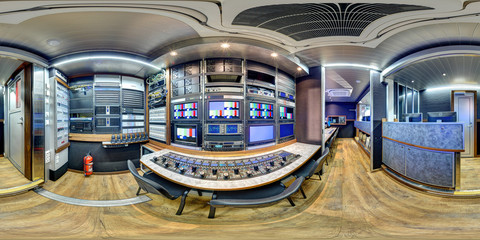 360 panorama inside broadcast mobile television station in 3D view equirectangular ob van station...