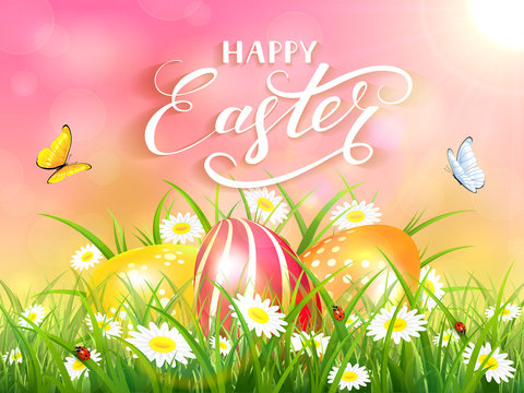 Pink background with three Easter eggs in grass