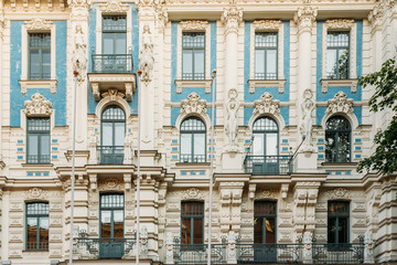 Fototapeta na wymiar Riga, Latvia. Facade Of Art Nouveau Building Designed by Mikhail