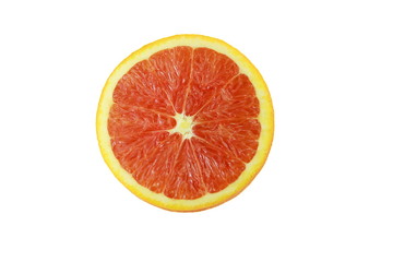 Isolated juicy ripe red orange fruit slice on white background