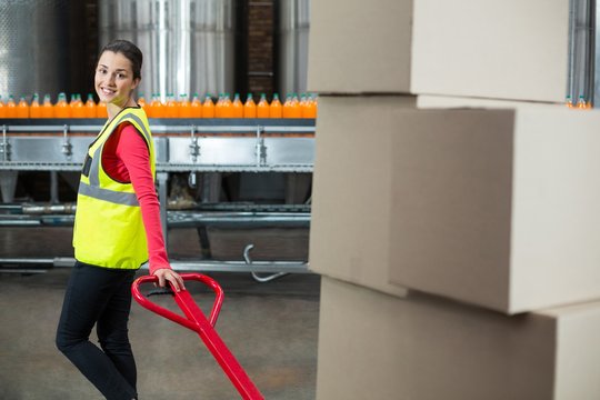 Female factory worker holding trolley of cardboard boxes