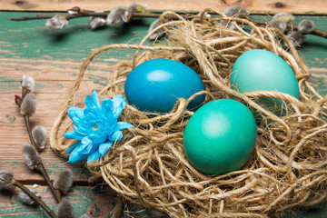 Fototapeta premium Easter background with eggs, nest and catkins on old wooden background, copy space